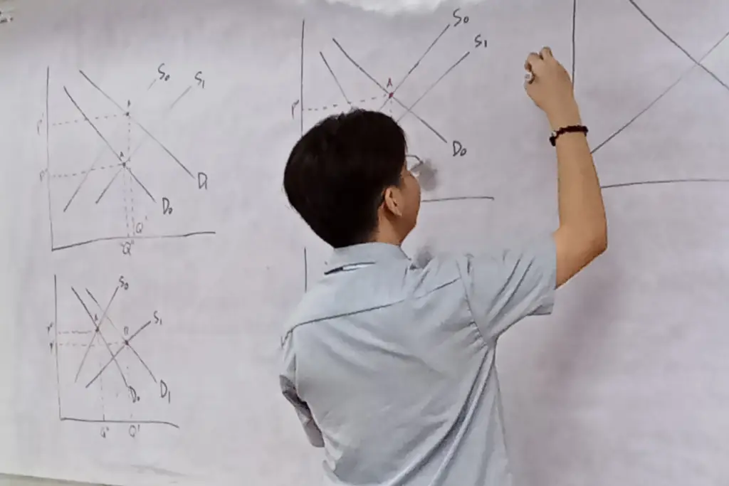 College student doing comparative statics boardwork during Managerial Economics class